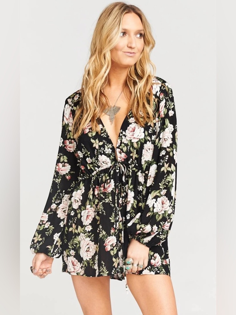 AUDREY 3+1 BELL SLEEVES DEEP V ROMPER JUMPSUIT